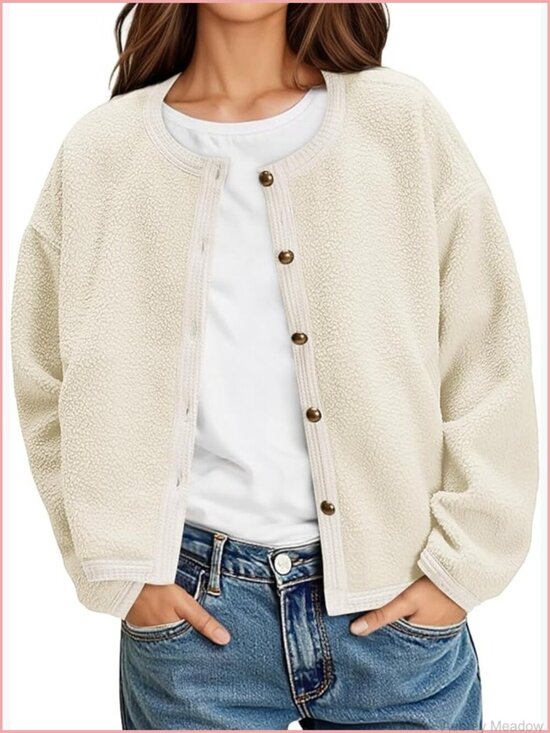 Jackets & Blazers - Cropped Sherpa Fleece Button Jacket Casual Relaxed Fit